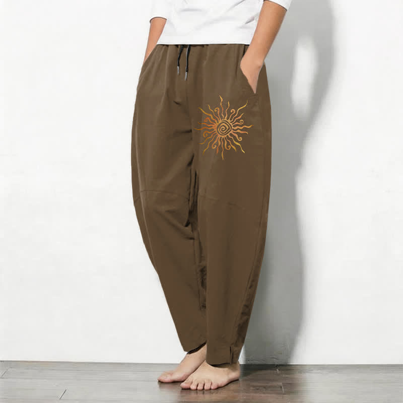 Buddha Stones Pure Cotton Golden Sun Spiral Pattern Drawstring Men's Tapered Pants With Pockets - image 12