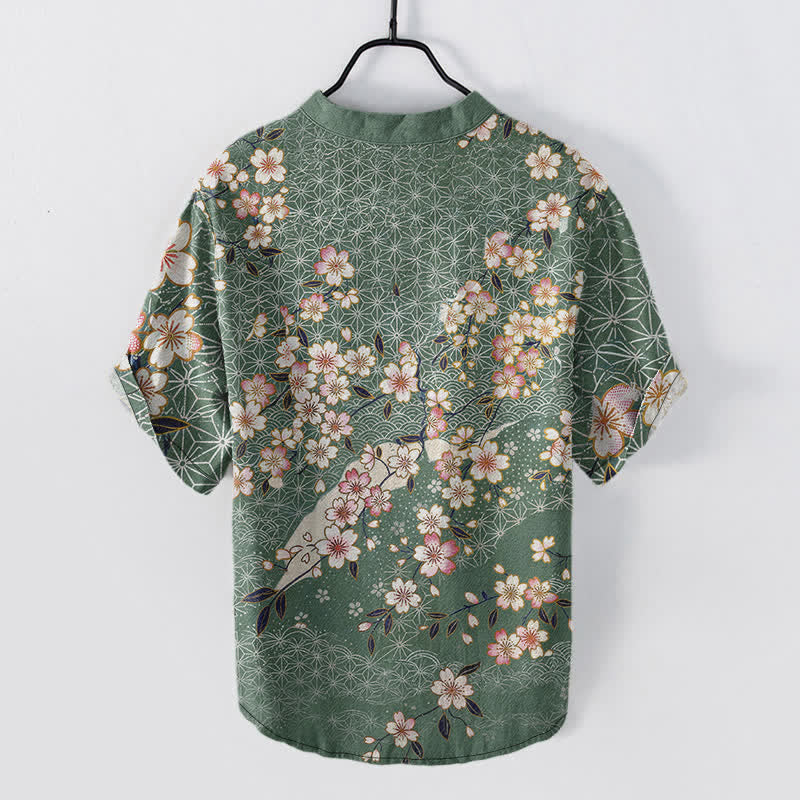 Buddha Stones Cotton Cherry Blossom Geometric Pattern Men's Short Sleeve Half Button Shirt - image 6