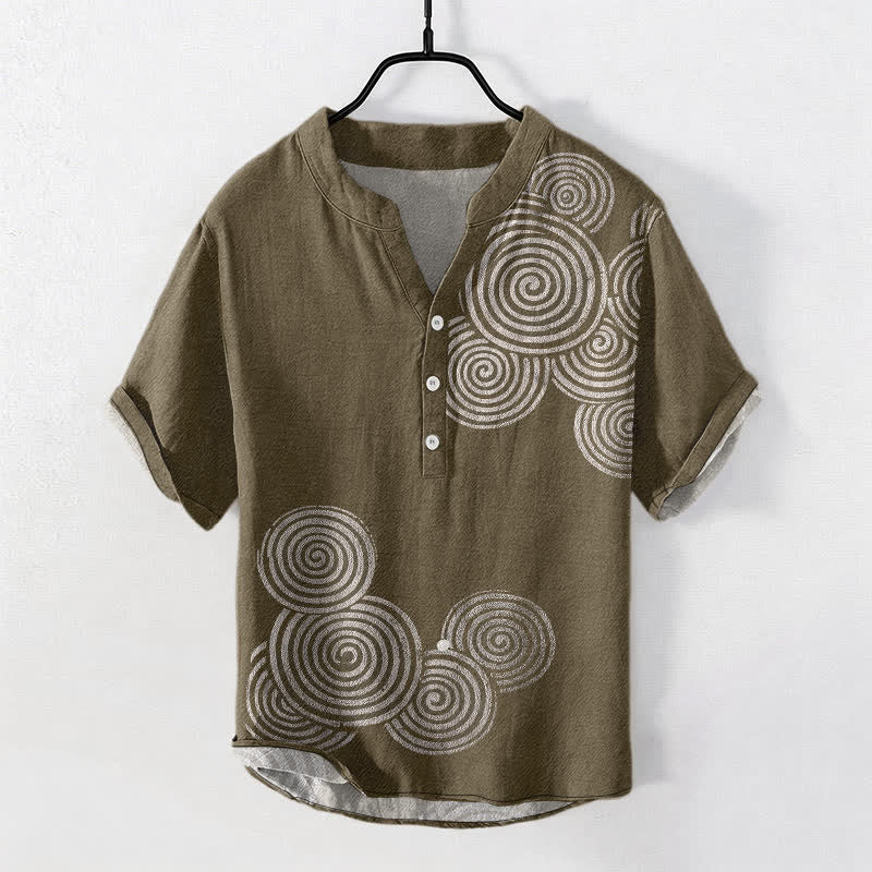 Buddha Stones Cotton Spiral Circle Pattern Men's Short Sleeve Half Button Shirt - Olive - US/UK/AU50，EU60 (5XL) - image 7