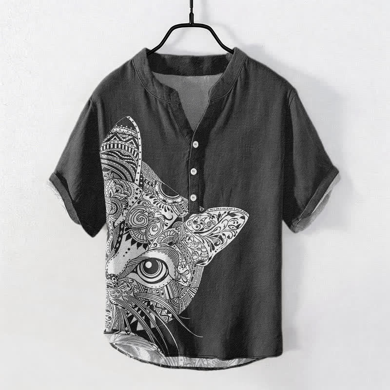 Buddha Stones Cotton Tribal Cat Face Pattern Men's Short Sleeve Half Button Shirt - Black - US/UK/AU50，EU60 (5XL) - image 0