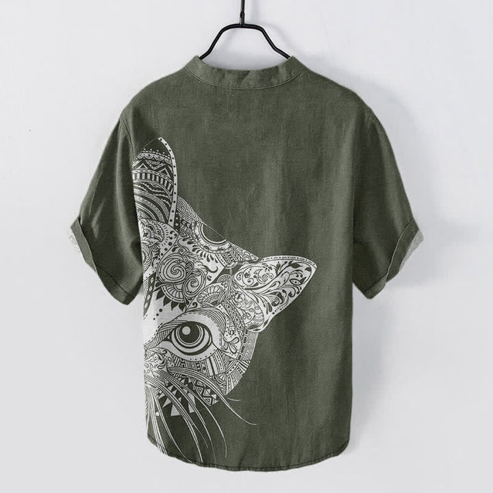 Buddha Stones Cotton Tribal Cat Face Pattern Men's Short Sleeve Half Button Shirt - image 6
