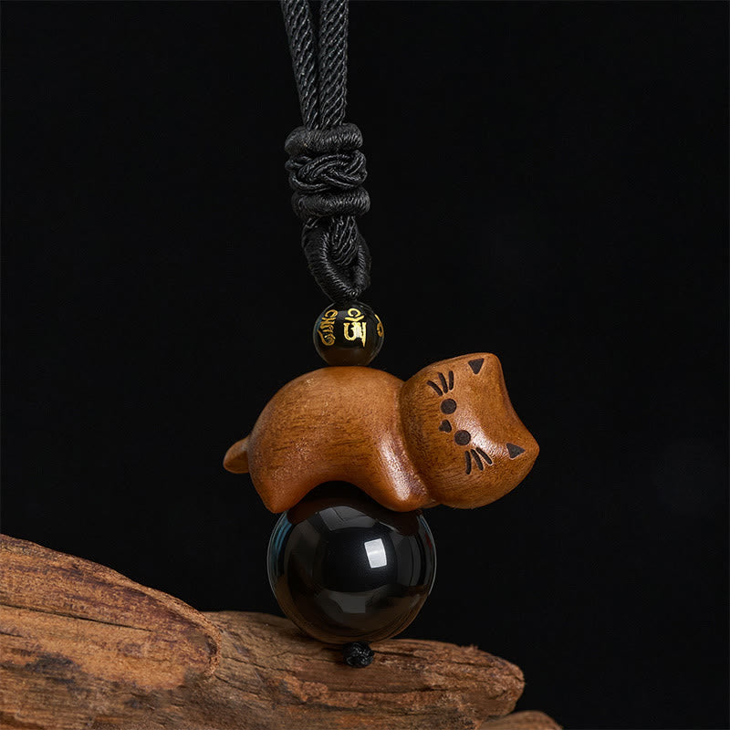 Buddha Stones Sandalwood Cat Black Obsidian Bead Om Mani Padme Hum Bead Protection Rope Necklace - image 2
