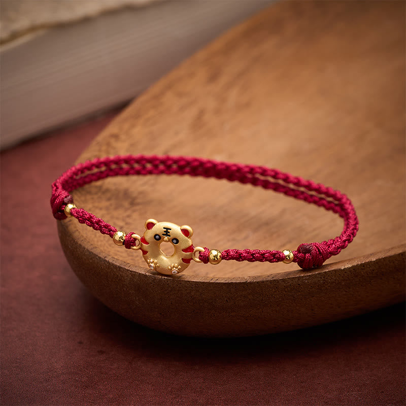 Buddha Stones Copper Tiger Peace Buckle Hand Woven Grounding Red String Adjustable Bracelet - image 2