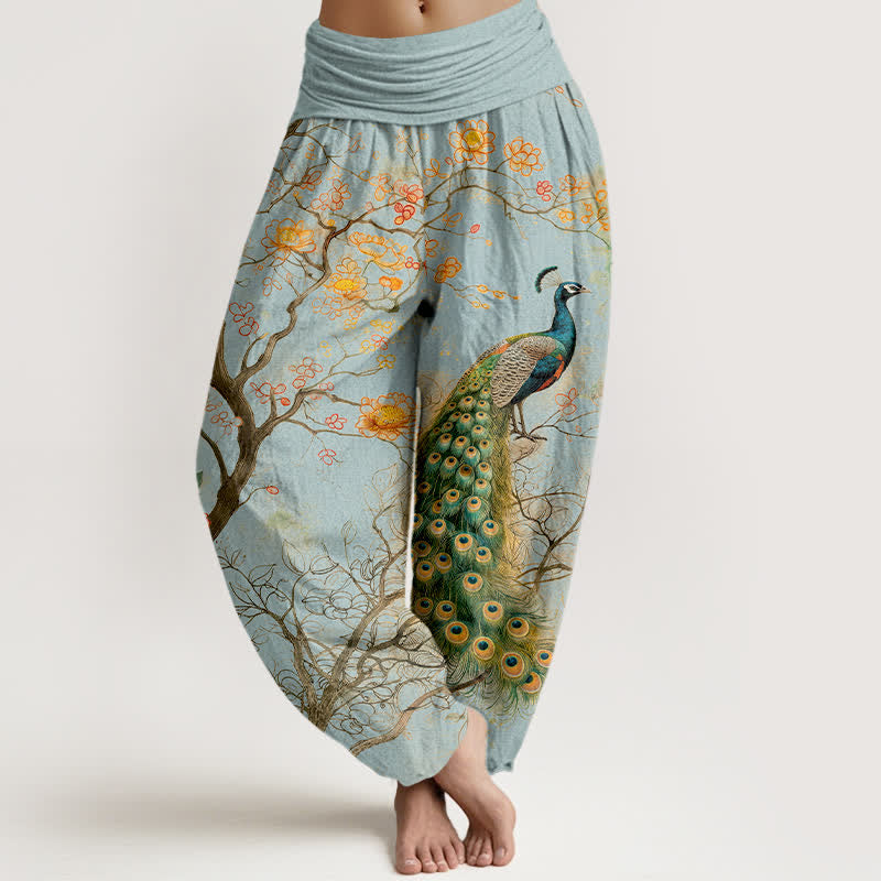 Buddha Stones Cotton Peacock Floral Branch Pattern Women's Elastic Waist Harem Pants - PowderBlue - US16，UK/AU20，EU48 (3XL) - image 8
