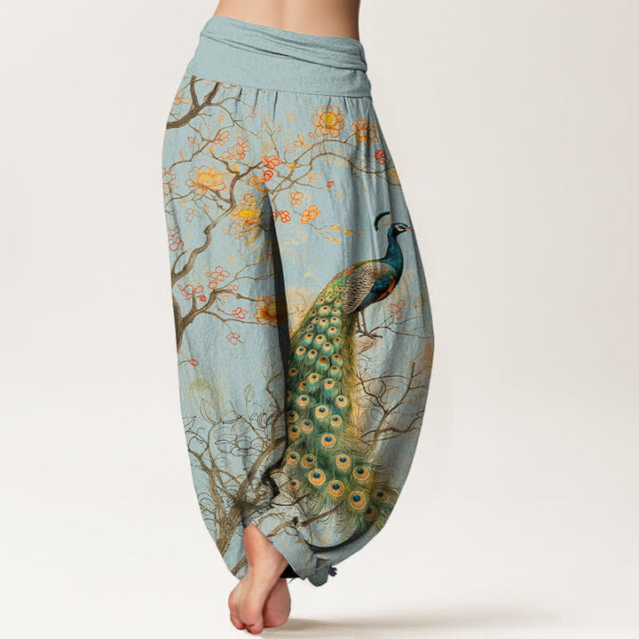 Buddha Stones Cotton Peacock Floral Branch Pattern Women's Elastic Waist Harem Pants - image 10