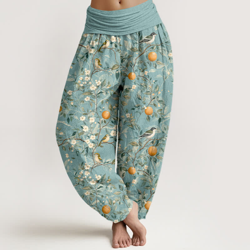 Buddha Stones Cotton Bird Orange Blossom Pattern Women's Elastic Waist Harem Pants - SkyBlue - US16，UK/AU20，EU48 (3XL) - image 0