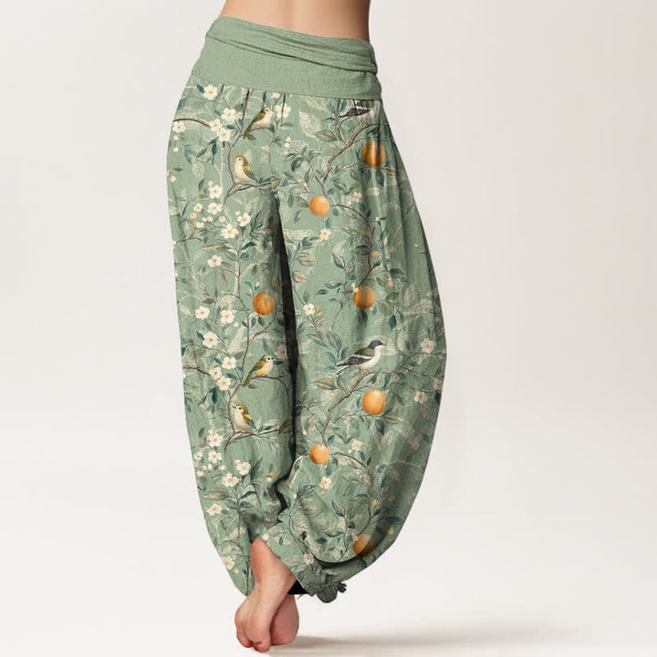 Buddha Stones Cotton Bird Orange Blossom Pattern Women's Elastic Waist Harem Pants - image 9