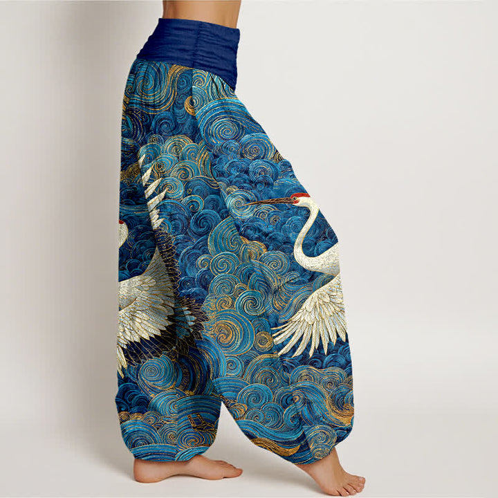 Buddha Stones Cotton White Crane Wave Pattern Women's Elastic Waist Harem Pants - image 2