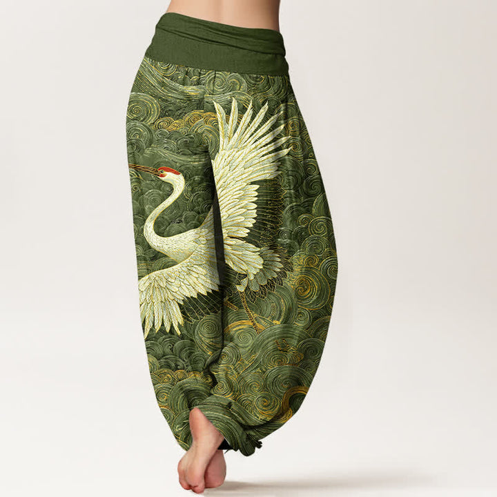 Buddha Stones Cotton White Crane Wave Pattern Women's Elastic Waist Harem Pants - image 6