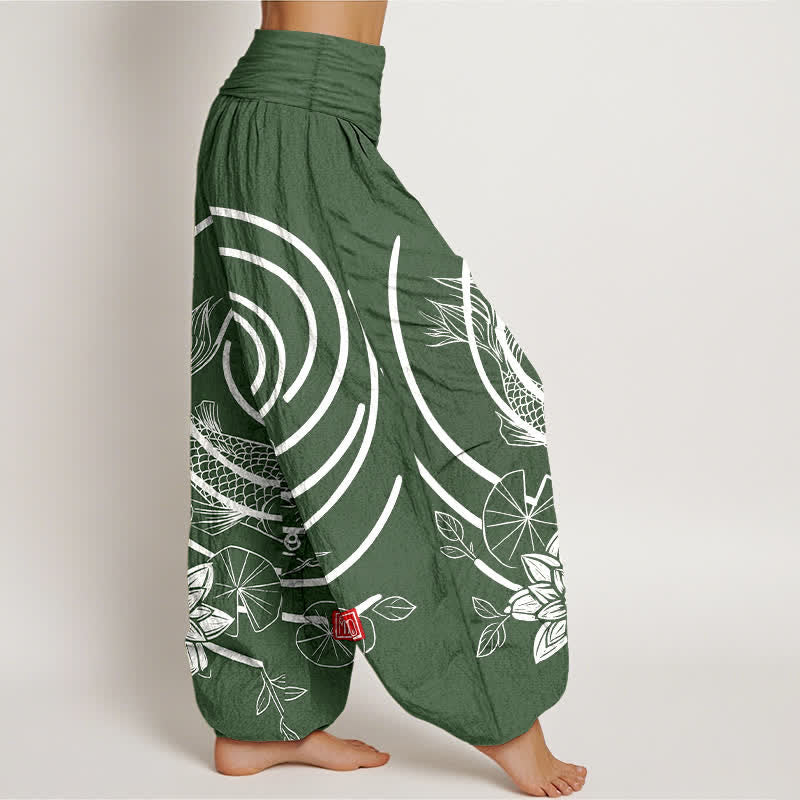 Buddha Stones Cotton Koi Fish Lotus Pattern Women's Elastic Waist Harem Pants - image 7
