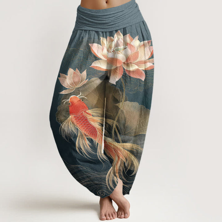 Buddha Stones Cotton Elegant Golden Koi Fish Lotus Pattern Women's Elastic Waist Harem Pants - Teal - US16，UK/AU20，EU48 (3XL) - image 0