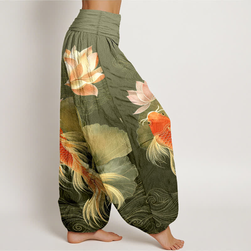 Buddha Stones Cotton Elegant Golden Koi Fish Lotus Pattern Women's Elastic Waist Harem Pants - image 7