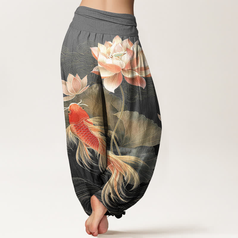 Buddha Stones Cotton Elegant Golden Koi Fish Lotus Pattern Women's Elastic Waist Harem Pants - image 9