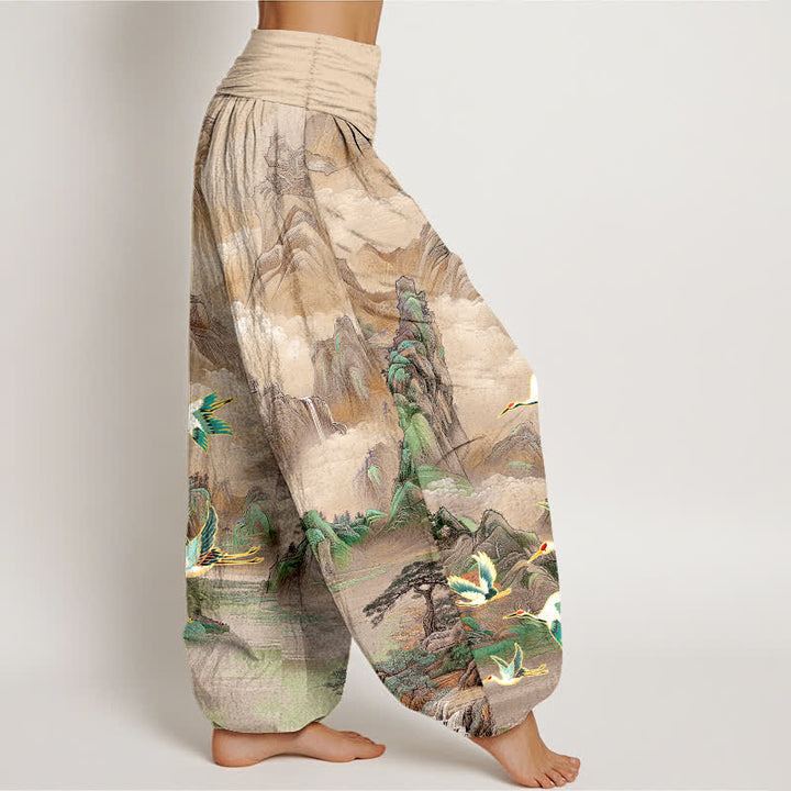 Buddha Stones Cotton Oriental Landscape Red-crowned Crane Pattern Women's Elastic Waist Harem Pants - image 7