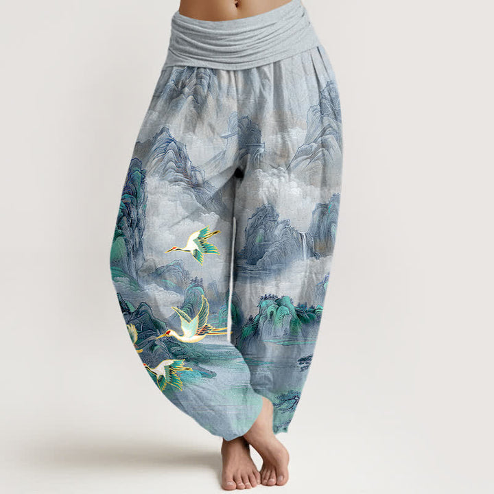 Buddha Stones Cotton Oriental Landscape Red-crowned Crane Pattern Women's Elastic Waist Harem Pants - LightSteelBlue - US16，UK/AU20，EU48 (3XL) - image 8