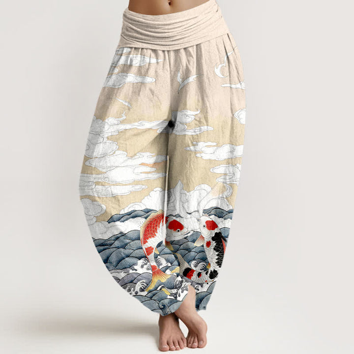 Buddha Stones Cotton Koi Fish Wave Cloud Pattern Women's Elastic Waist Harem Pants - Beige - US16，UK/AU20，EU48 (3XL) - image 8