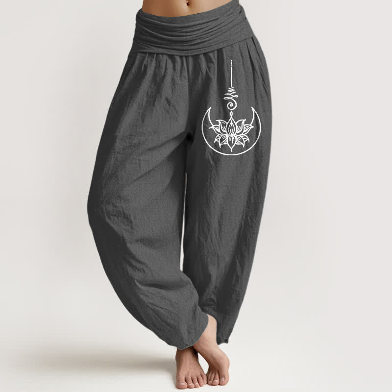 Buddha Stones Pure Cotton Sacred Lotus Moon Pattern Women's Elastic Waist Harem Pants - DimGray - US16，UK/AU20，EU48 (3XL) - image 8