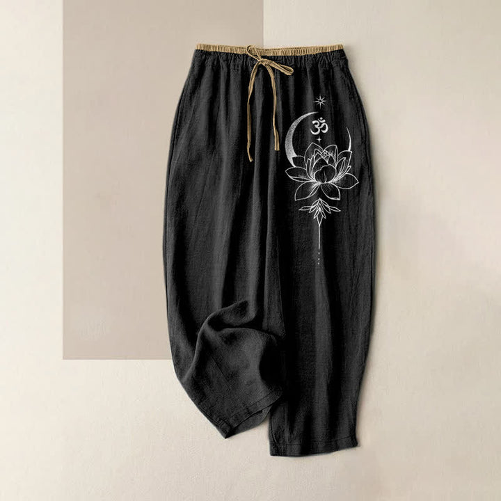 Buddha Stones Pure Cotton Lotus Moon Om Pattern Women's Elastic Waist Pants With Pockets - Black - US16，UK/AU20，EU48 (3XL) - image 0