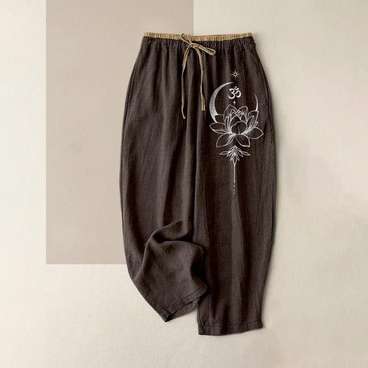 Buddha Stones Pure Cotton Lotus Moon Om Pattern Women's Elastic Waist Pants With Pockets - SaddleBrown - US16，UK/AU20，EU48 (3XL) - image 4