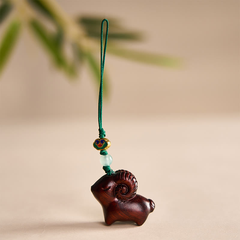 Buddha Stones Hand Carved Sandalwood Goat Positive Keychains - Dark Red - image 14
