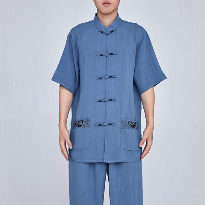 Buddha Stones Meditation Zen Prayer Spiritual Tai Chi Qigong Practice Unisex Embroidery Clothing Set - Short Sleeve Blue Embroidery - US14，UK/AU18，EU46 (3XL) - image 26