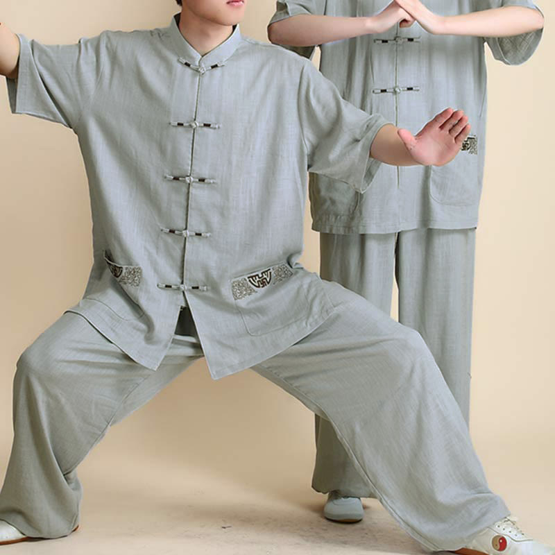 Buddha Stones Meditation Zen Prayer Spiritual Tai Chi Qigong Practice Unisex Embroidery Clothing Set - Short Sleeve Gray Embroidery - US12，UK/AU16，EU44 (2XL) - image 23