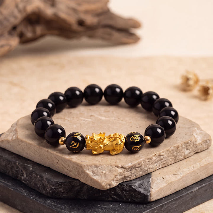 Buddha Stones Black Obsidian Chalcedony Pi Xiu Om Mani Padme Hum Purification Bracelet - Black Obsidian(Protection ♥ Grounding) - image 0