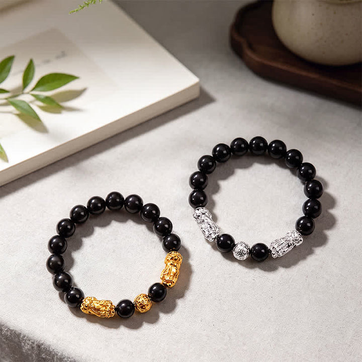 Buddha Stones Black Obsidian Copper Double Pi Xiu Om Mani Padme Hum Wisdom Bracelet - image 15