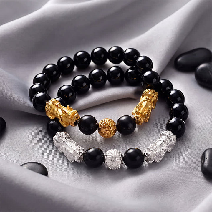 Buddha Stones Black Obsidian Copper Double Pi Xiu Om Mani Padme Hum Wisdom Bracelet - image 16