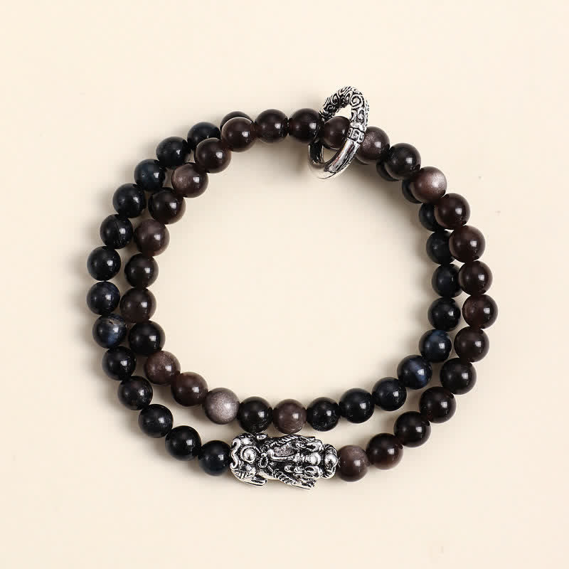Buddha Stones Tiger Eye Silver Sheen Obsidian Pi Xiu Double Wrap Auspicioisness Bracelet - Blue Tiger Eye Silvery Pi Xiu - image 9