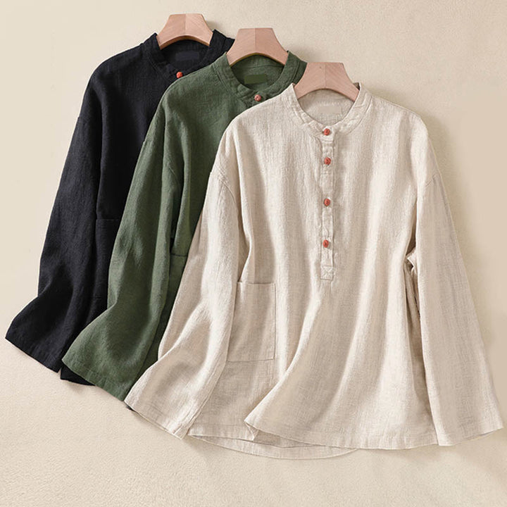 Buddha Stones Casual Buttons Crew Neck Women's Long Sleeve Shirt With Pockets - image 26