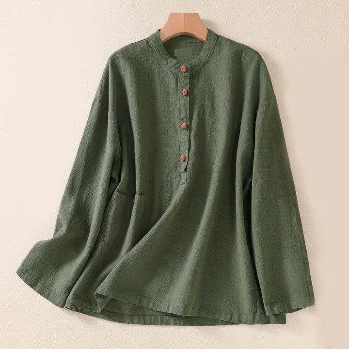 Buddha Stones Casual Buttons Crew Neck Women's Long Sleeve Shirt With Pockets - DarkSeaGreen - US8-10，UK/AU12-14，EU40-42 (2XL) - image 0