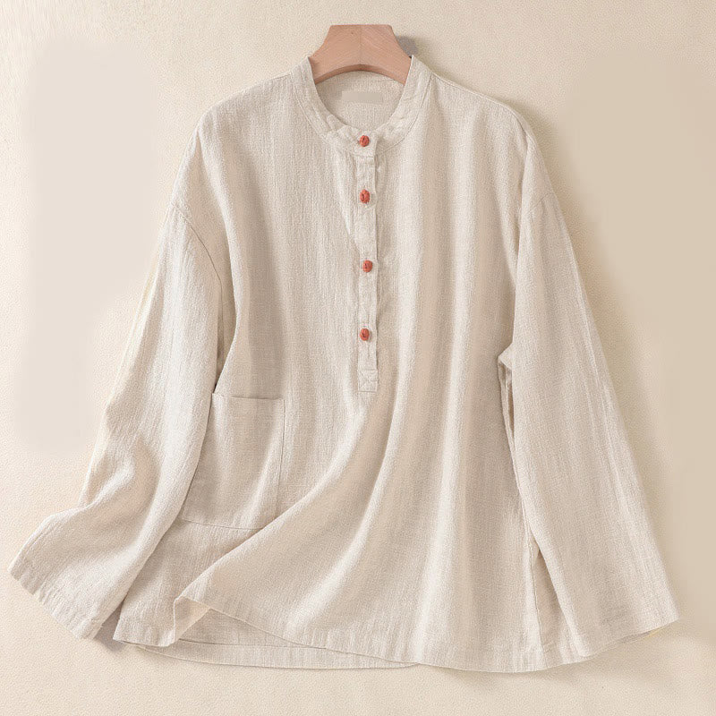 Buddha Stones Casual Buttons Crew Neck Women's Long Sleeve Shirt With Pockets - Cornsilk - US8-10，UK/AU12-14，EU40-42 (2XL) - image 16