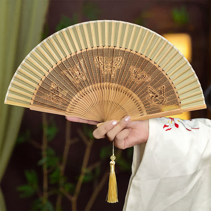 Buddha Stones Bamboo Hollow-Carved Famous Spots Landscapes Animals Tassel Folding Fan - Butterfly(Complimentary Tassel) - image 12