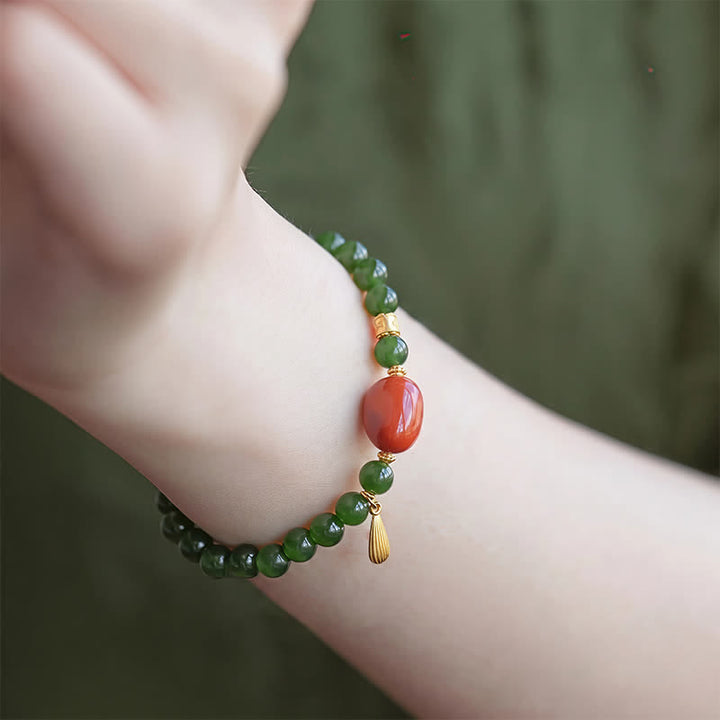Buddha Stones Spinach Green Hetian Jade Red Agate Luck Bracelet - image 11