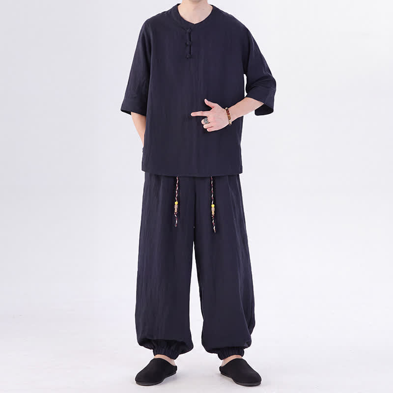 Buddha Stones Spring Summer Tang Style Frog Button Solid Elbow-Length Sleeve Shirt Pants Men's Meditation Cloth With Pocket - image 50