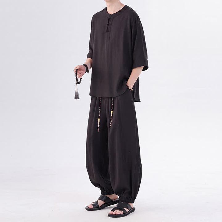 Buddha Stones Spring Summer Tang Style Frog Button Solid Elbow-Length Sleeve Shirt Pants Men's Meditation Cloth With Pocket - image 23