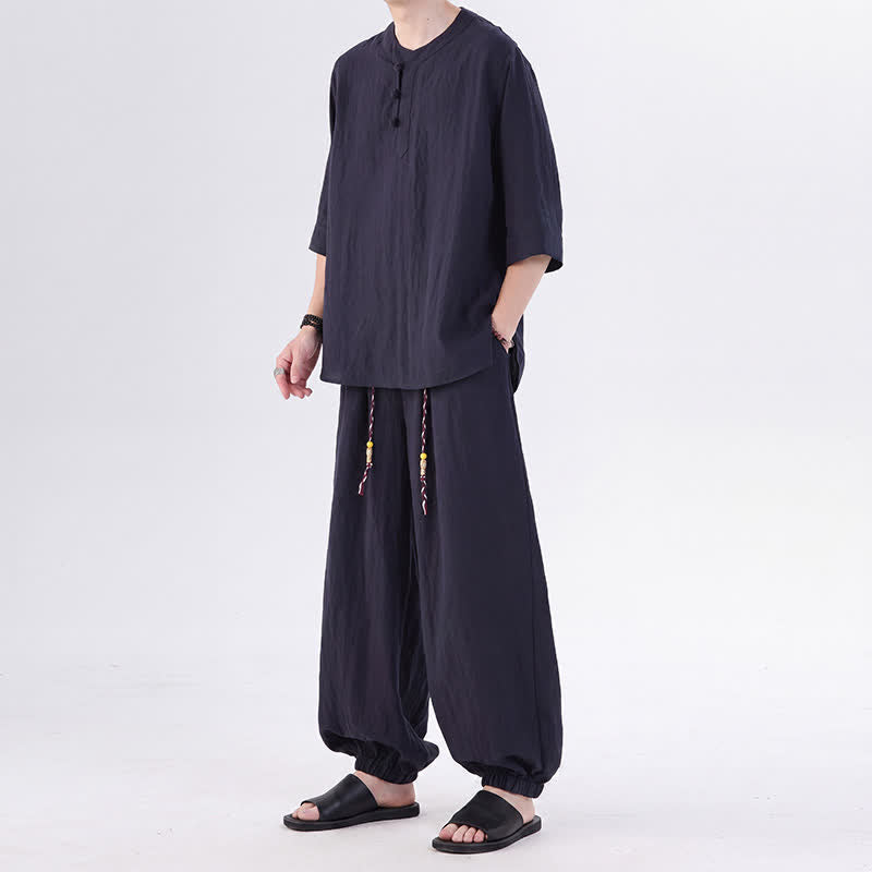 Buddha Stones Spring Summer Tang Style Frog Button Solid Elbow-Length Sleeve Shirt Pants Men's Meditation Cloth With Pocket - image 49