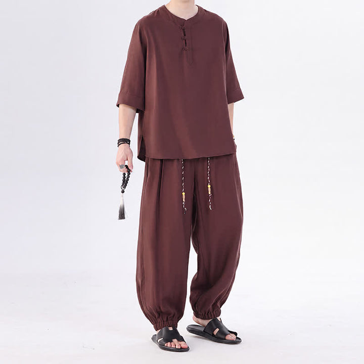 Buddha Stones Spring Summer Tang Style Frog Button Solid Elbow-Length Sleeve Shirt Pants Men's Meditation Cloth With Pocket - image 32