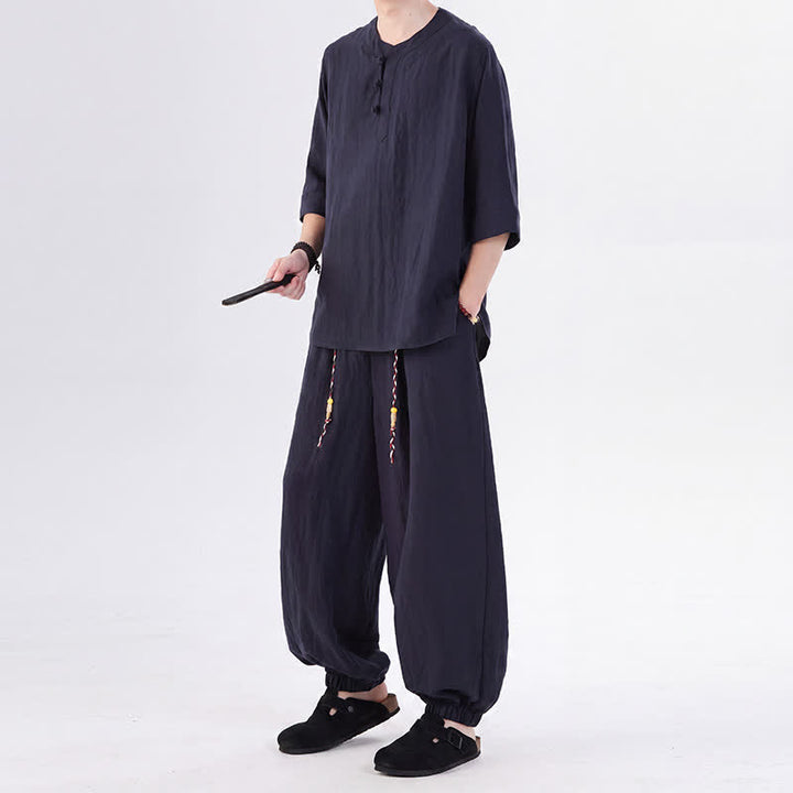 Buddha Stones Spring Summer Tang Style Frog Button Solid Elbow-Length Sleeve Shirt Pants Men's Meditation Cloth With Pocket - image 42
