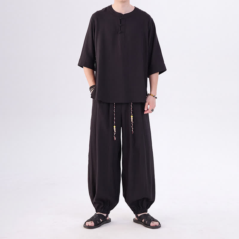 Buddha Stones Spring Summer Tang Style Frog Button Solid Elbow-Length Sleeve Shirt Pants Men's Meditation Cloth With Pocket - image 28