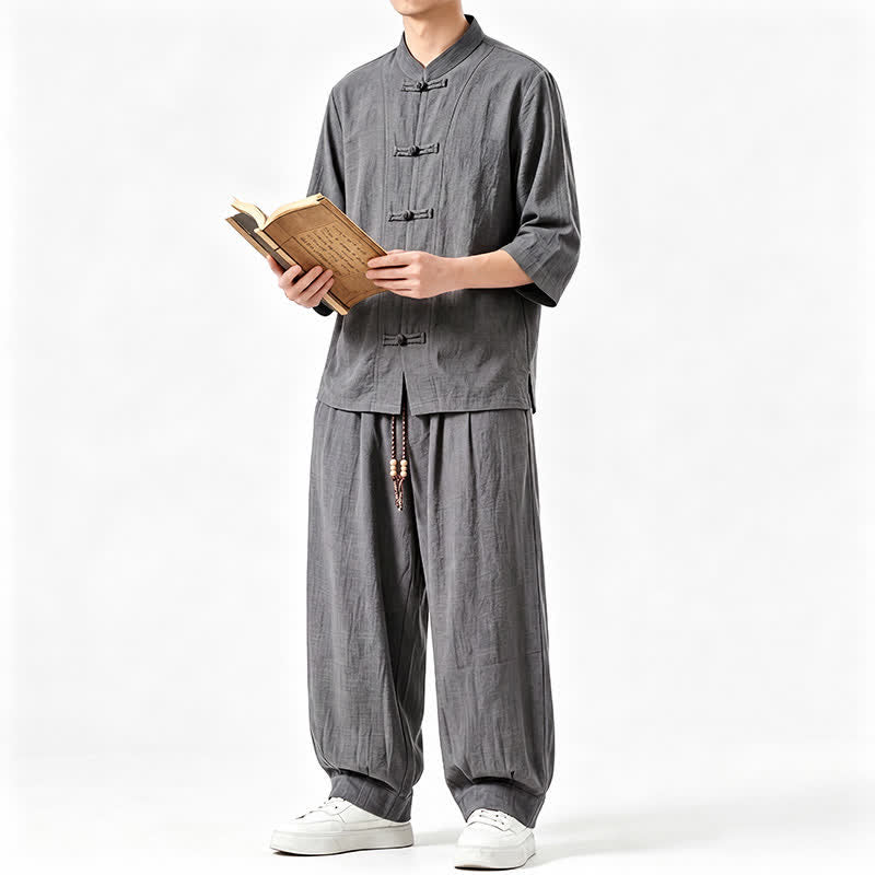 Buddha Stones Spring Summer Tang Style Meditation Frog Button Solid Three-Quarter Sleeve Shirt Pants Men's Meditation Cloth With Pocket - image 3