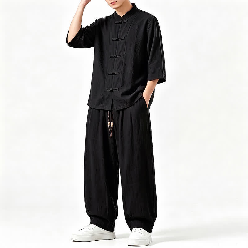 Buddha Stones Spring Summer Tang Style Meditation Frog Button Solid Three-Quarter Sleeve Shirt Pants Men's Meditation Cloth With Pocket - image 12
