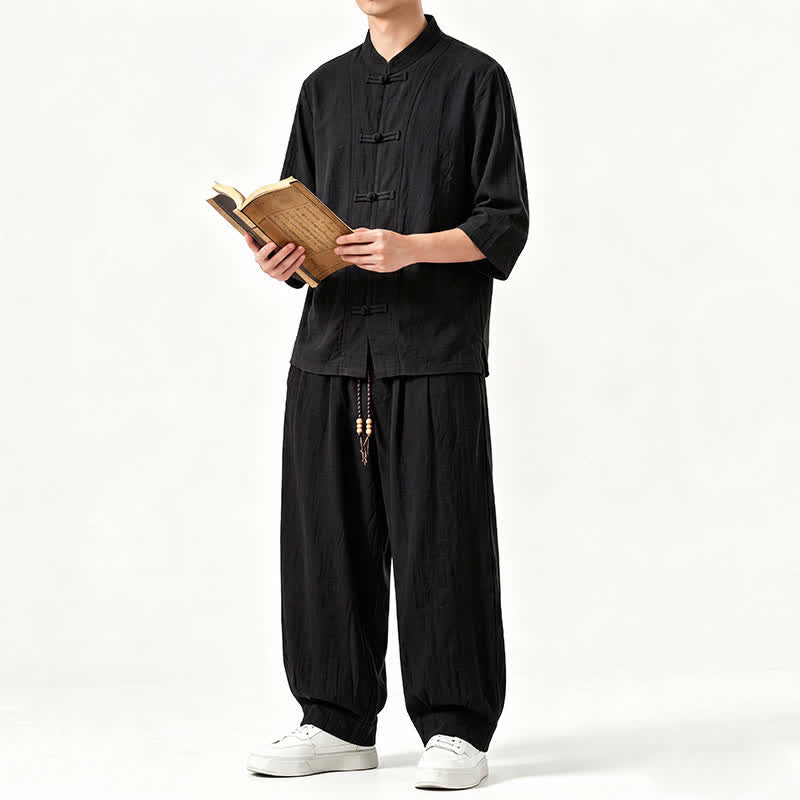 Buddha Stones Spring Summer Tang Style Meditation Frog Button Solid Three-Quarter Sleeve Shirt Pants Men's Meditation Cloth With Pocket - image 13