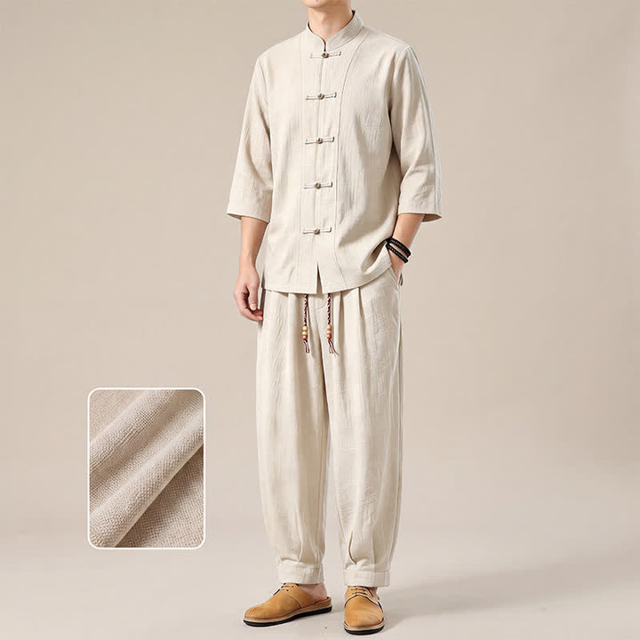 Buddha Stones Spring Summer Tang Style Meditation Frog Button Solid Three-Quarter Sleeve Shirt Pants Men's Meditation Cloth With Pocket - image 22