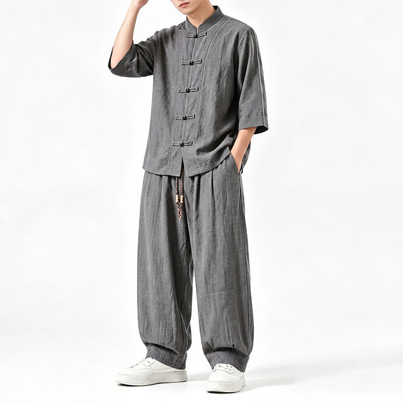 Buddha Stones Spring Summer Tang Style Meditation Frog Button Solid Three-Quarter Sleeve Shirt Pants Men's Meditation Cloth With Pocket - image 2
