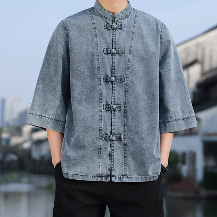 Buddha Stones Spring Vintage Tang Style Frog Button Solid Cotton Cropped Elbow-Length Sleeve Men's Jacket - SteelBlue - US/UK/AU46，EU56 (5XL) - image 13