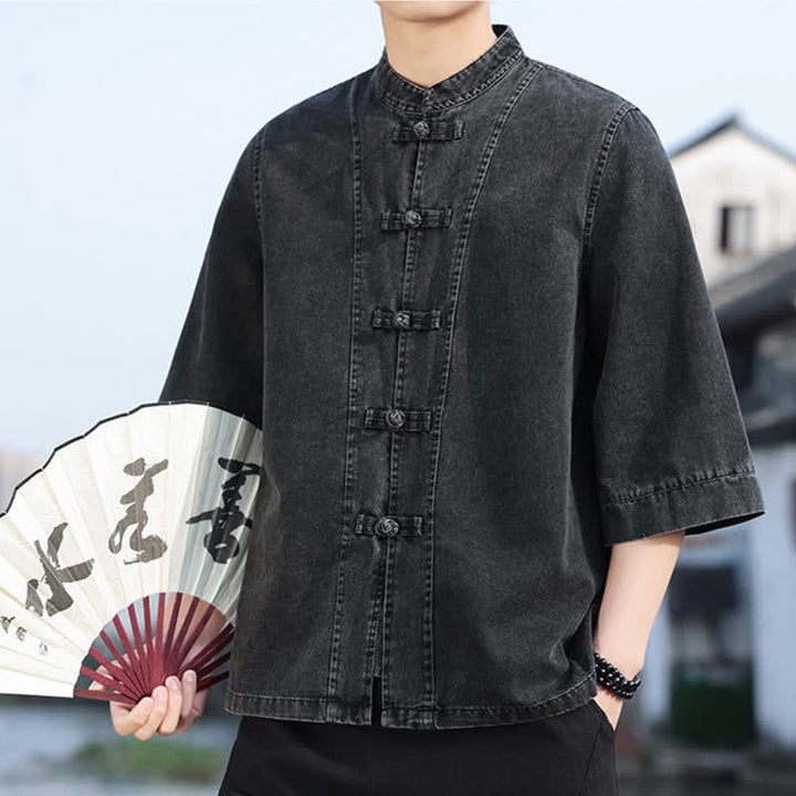 Buddha Stones Spring Vintage Tang Style Frog Button Solid Cotton Cropped Elbow-Length Sleeve Men's Jacket - image 8