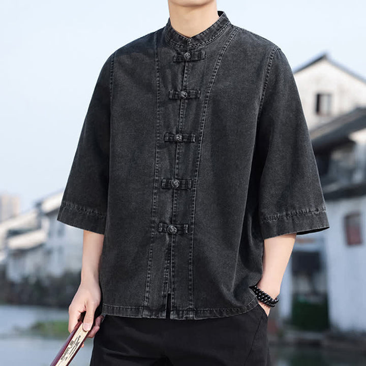 Buddha Stones Spring Vintage Tang Style Frog Button Solid Cotton Cropped Elbow-Length Sleeve Men's Jacket - image 5
