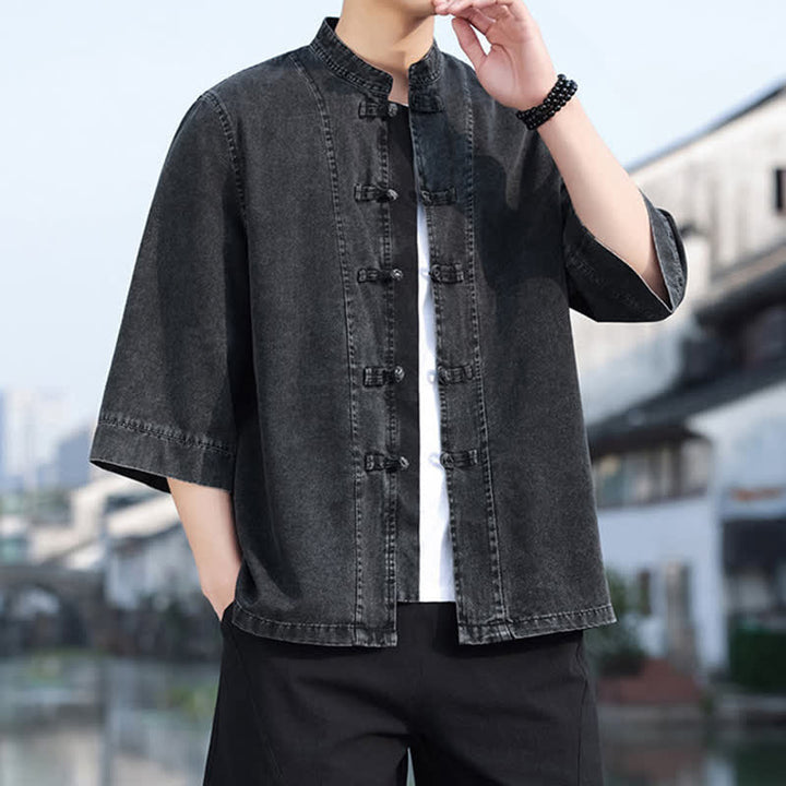 Buddha Stones Spring Vintage Tang Style Frog Button Solid Cotton Cropped Elbow-Length Sleeve Men's Jacket - Black - US/UK/AU46，EU56 (5XL) - image 0
